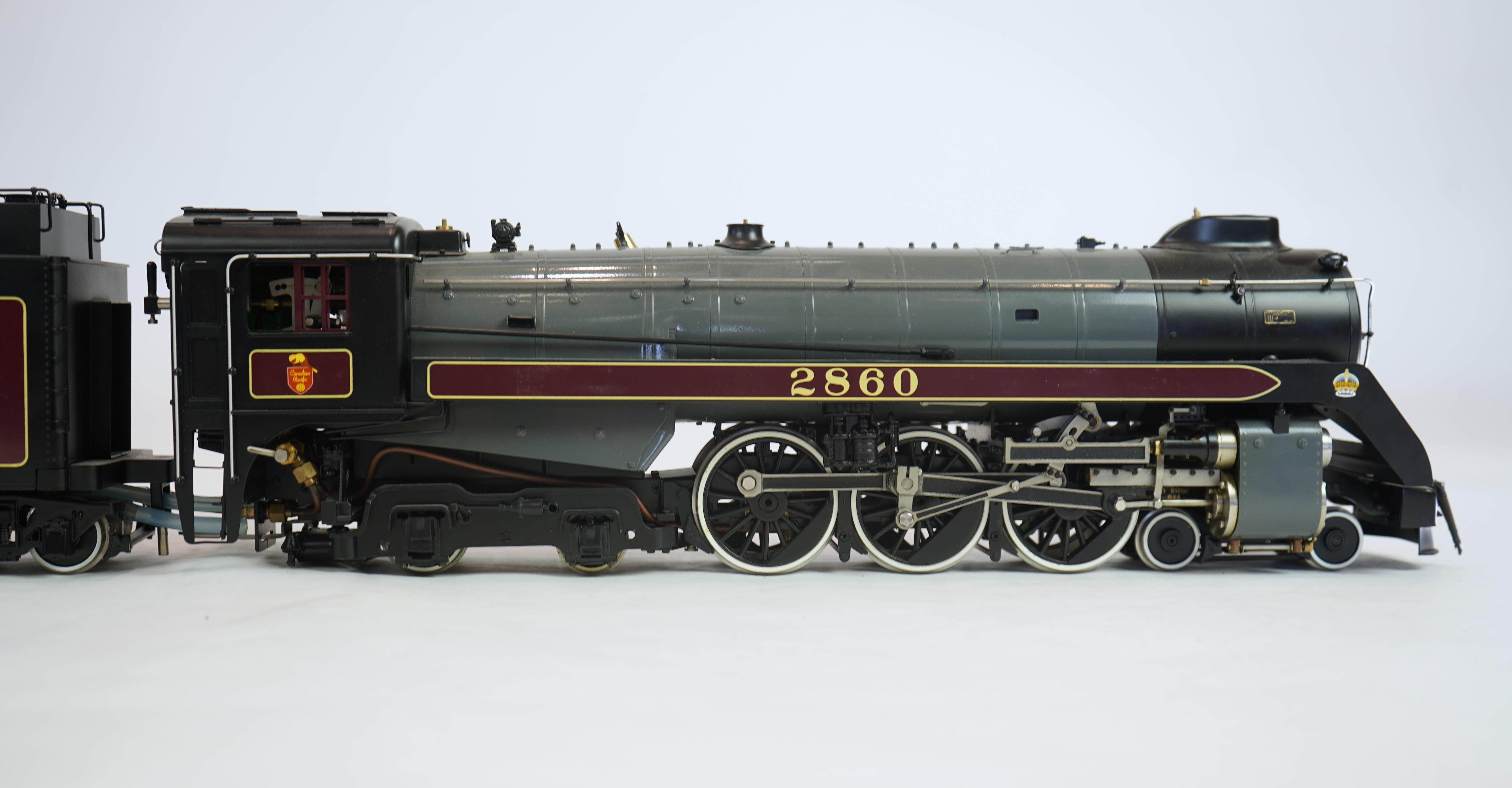A Gauge One Accucraft Models live steam model of Canadian Pacific 2860, 4-6-4 locomotive with bogie tender, spirit fired working two cylinder motion, hand pump and axle pump, etc.